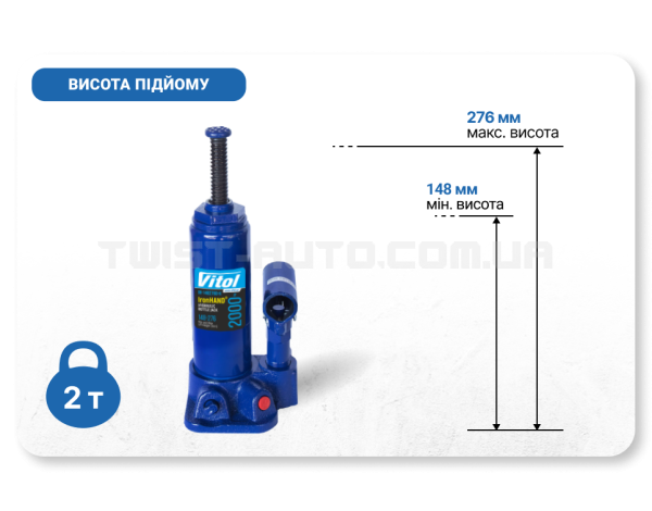 Домкрат гидравлический телескопический 2т 148- 276 мм Iron Hand IH-148276D