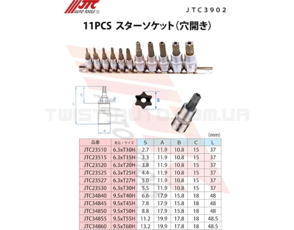 Набір головок з насадкою TORX Т10-Т60 з відведенням 1/4" та 3/8" 11од. 3902 JTC