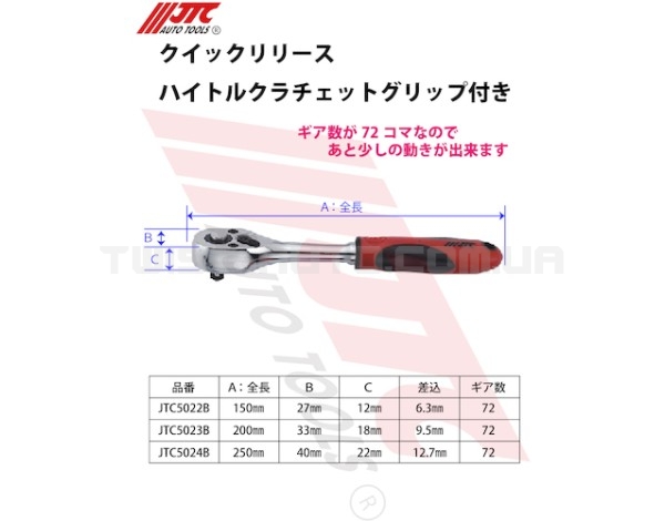 Тріскачка 1/4" 150мм 72зубця (гумова ручка) 5022B JTC