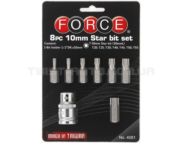 Набір біт 1/2" Torx 10 мм 8 пр. на блістері (Т20-Т55) FORCE 4081