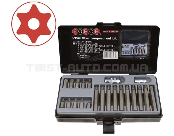 Набір біт 3/8" та 1/2" Torx з отвором 22 пр. (Т10Н-Т55Н) FORCE 4222