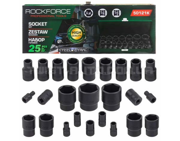 Набір ударних головок комбінований 1/4'', 1/2'', 25ін. (6гр.) RockForce RF-50121K Набір ударних головок комбінований 1/4'', 1/2'', 25ін. (6гр.) RockForce RF-50121K