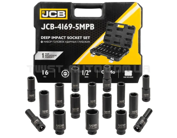 Набір головок ударних глибоких 16 од. 1/2" (6-гр.) JCB Tools JCB-4169-5MPB Набір головок ударних глибоких 16 од. 1/2" (6-гр.) JCB Tools JCB-4169-5MPB