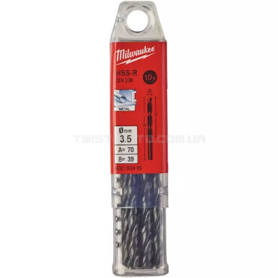 Сверло по металлу HSS-R  DIN338, Ø3,5х70х39мм, (10шт) MILWAUKEE  4932363469