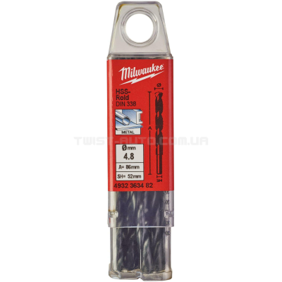 Сверло по металлу HSS-R DIN338, Ø4,8х86х52мм, (10шт) MILWAUKEE ACC 4932363482 Сверло по металлу HSS-R DIN338, Ø4,8х86х52мм, (10шт) MILWAUKEE ACC 4932363482