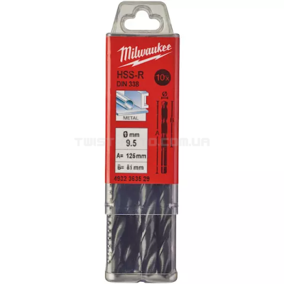 Свердло по металу HSS-R DIN 338, Ø9,5х125х81 мм (10 шт.), MILWAUKEE 4932363529 Свердло по металу HSS-R DIN 338, Ø9,5х125х81 мм (10 шт.), MILWAUKEE 4932363529