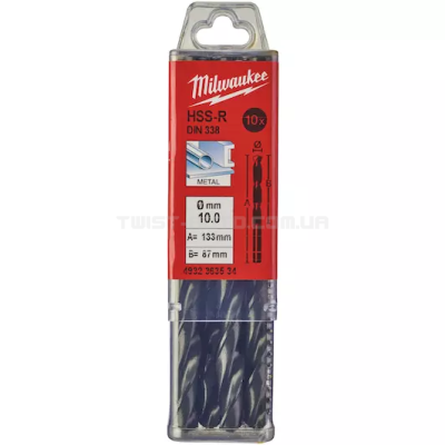 Свердло по металу HSS-R DIN 338, Ø10,0х133х87 мм (10 шт.), MILWAUKEE 4932363534 Свердло по металу HSS-R DIN 338, Ø10,0х133х87 мм (10 шт.), MILWAUKEE 4932363534