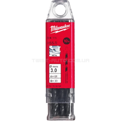 Свердло по металу HSS-R DIN 338, Ø3,0х61х33 мм (10 шт.), MILWAUKEE 4932363464 Свердло по металу HSS-R DIN 338, Ø3,0х61х33 мм (10 шт.), MILWAUKEE 4932363464