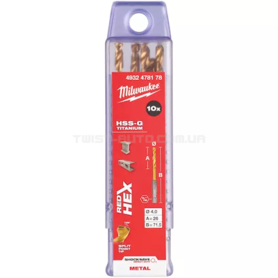Свердло по металу RedHEX SHOCKWAVE™ HSS-TiN Ø4,0х71,5х26 мм (10 шт.), MILWAUKEE 4932478178