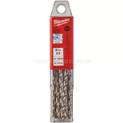 Свердло по металу HSS-G DIN340, Ø5,0x132х87мм, подовжене, (10шт) MILWAUKEE 4932430334 Свердло по металу HSS-G DIN340, Ø5,0x132х87мм, подовжене, (10шт) MILWAUKEE 4932430334