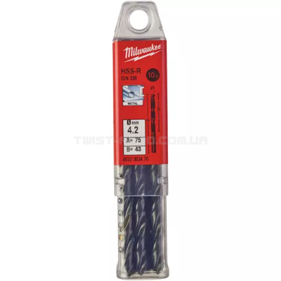 Сверло по металлу HSS-R DIN 338, Ø4,2х75х43 мм (10 шт.), MILWAUKEE 4932363476