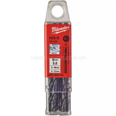 Свердло по металлу HSS-R DIN 338, Ø5,0х86х52 мм (10 шт.), MILWAUKEE 4932363484 Свердло по металлу HSS-R DIN 338, Ø5,0х86х52 мм (10 шт.), MILWAUKEE 4932363484