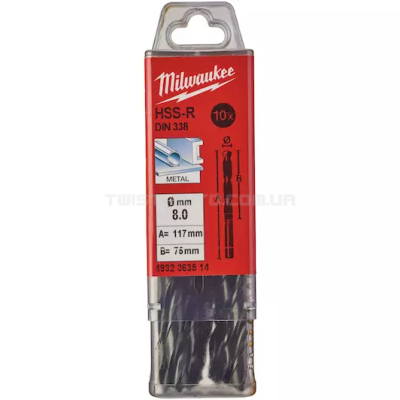 Свердло по металу HSS-R DIN 338, Ø8,0х117х75 мм (10 шт.), MILWAUKEE 4932363514 Свердло по металу HSS-R DIN 338, Ø8,0х117х75 мм (10 шт.), MILWAUKEE 4932363514