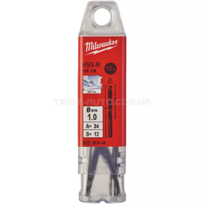 Свердло по металу HSS-R DIN 338, Ø1,0х34х12 мм (10 шт.), MILWAUKEE 4932363444 Свердло по металу HSS-R DIN 338, Ø1,0х34х12 мм (10 шт.), MILWAUKEE 4932363444