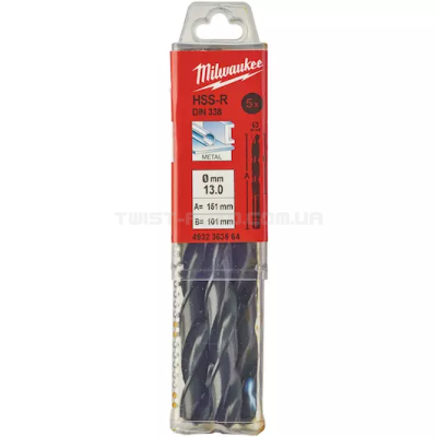 Свердло по металу HSS-R DIN 338, Ø13,0х151х101 мм (5 шт.), MILWAUKEE 4932363564 Свердло по металу HSS-R DIN 338, Ø13,0х151х101 мм (5 шт.), MILWAUKEE 4932363564