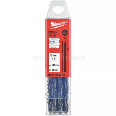 Свердло по металлу HSS-R DIN 338, Ø7,5х109х69 мм (10 шт.), MILWAUKEE 4932363509 Свердло по металлу HSS-R DIN 338, Ø7,5х109х69 мм (10 шт.), MILWAUKEE 4932363509