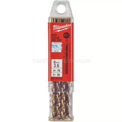 Сверло по металлу HSS-Co DIN338, Ø3,5х70х39мм, (10шт) MILWAUKEE 4932373338 Сверло по металлу HSS-Co DIN338, Ø3,5х70х39мм, (10шт) MILWAUKEE 4932373338