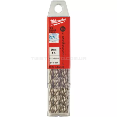 Свердло по металу HSS-G DIN340, Ø4,5x126x82 мм, подовжене (10 шт) MILWAUKEE 4932430333 Свердло по металу HSS-G DIN340, Ø4,5x126x82 мм, подовжене (10 шт) MILWAUKEE 4932430333