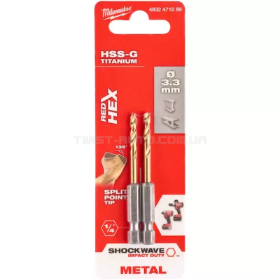 Свердло по металу RedHEX SHOCKWAVE™ HSS-TiN Ø3,3x67x24мм (2 шт), MILWAUKEE 4932471089