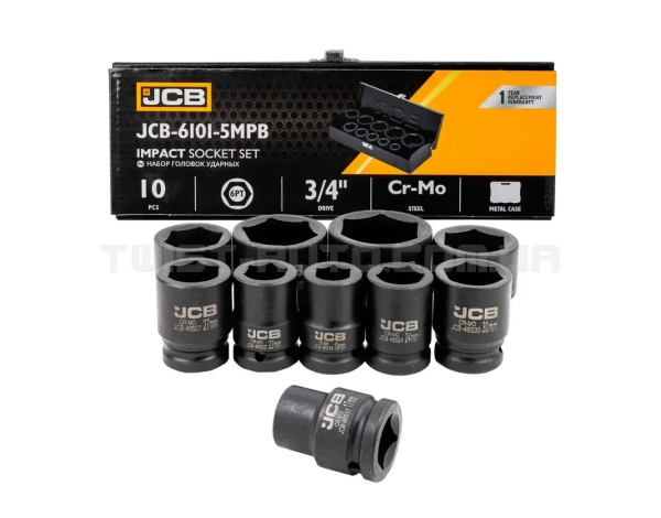 Набір ударних головок в металевому кейсі 3/4" (6-гранних) – 10 шт. JCB Tools JCB-6101-5MPB Набір ударних головок в металевому кейсі 3/4" (6-гранних) – 10 шт. JCB Tools JCB-6101-5MPB