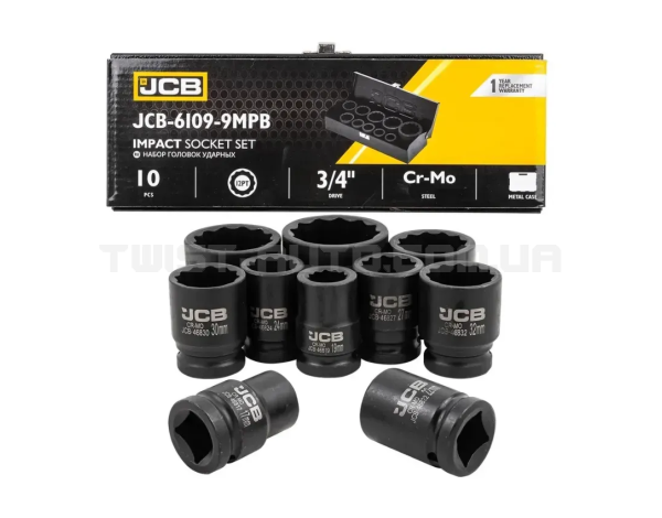 Набір ударних головок в металевому кейсі 12-гранних 3/4" – 10 шт. JCB Tools JCB-6109-9MPB Набір ударних головок в металевому кейсі 12-гранних 3/4" – 10 шт. JCB Tools JCB-6109-9MPB