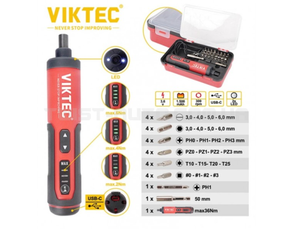 Акумуляторна викрутка з набором біт, 27 предметів VIKTEC VT19242 Акумуляторна викрутка з набором біт, 27 предметів VIKTEC VT19242