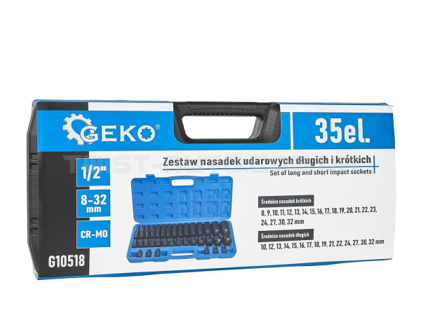 Набір ударних головок 1/2" (довгі та короткі, 8–32 мм) — 35 елементів Geko G10518 Набір ударних головок 1/2" (довгі та короткі, 8–32 мм) — 35 елементів Geko G10518