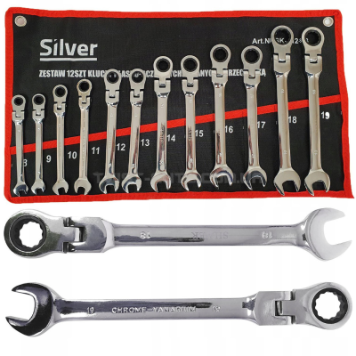 Набор трещоточных ключей с шарниром в чехле 8-19мм 12 штук Silver SK-012-03 Набор трещоточных ключей с шарниром в чехле 8-19мм 12 штук Silver SK-012-03