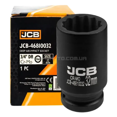 Гoлoвкa тopцeвa удapнa глибока 3/4" 32 мм (12-гранна) JCB Tools JCB-46810032 Гoлoвкa тopцeвa удapнa глибока 3/4" 32 мм (12-гранна) JCB Tools JCB-46810032