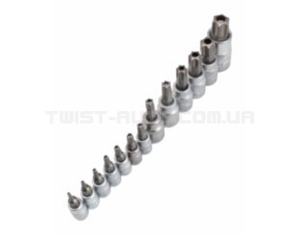 Набір біт TORX з отвором T8–T70, запресованих у головки 1/4", 3/8", 1/2", SATRA S-A13WT Набір біт TORX з отвором T8–T70, запресованих у головки 1/4", 3/8", 1/2", SATRA S-A13WT