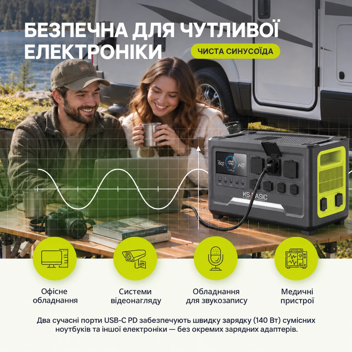 Чиста синусоїда KSB 2400PS для ноутбуків, камер, систем відеонагляду та іншої електроніки