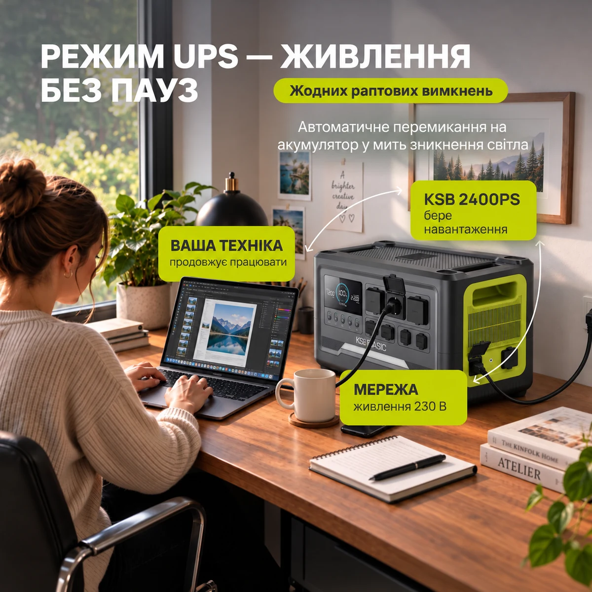 Функція UPS зарядної станції KSB 2400PS для резервного живлення робочої техніки